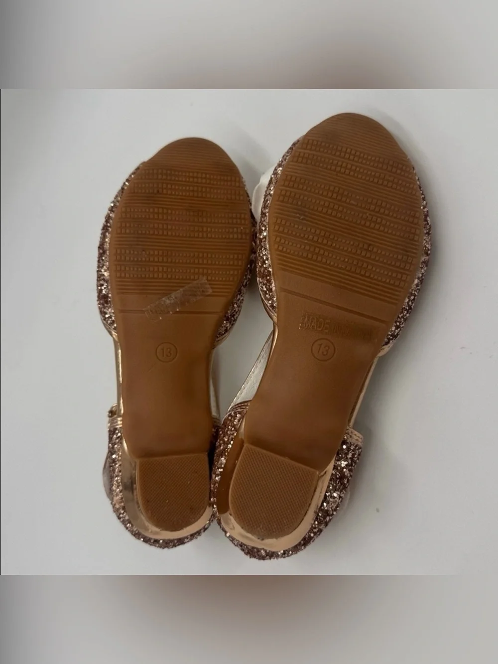 Girls Rose Gold Glitter Bow Dress Sandals with Pearl Accent Size 13